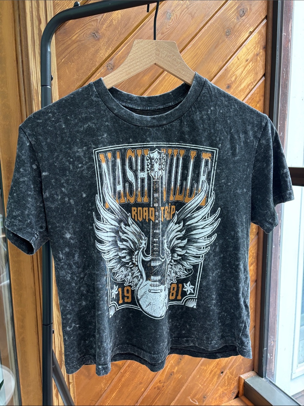 Rebellious One Black Nashville Road Trip Graphic Tee with White and Gold Print